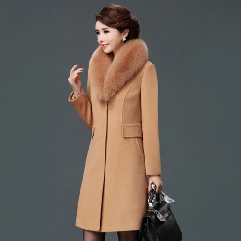 Korean Version of The New Woolen Women's Coat Medium and Long Woolen Fur Collar Trench Coat L