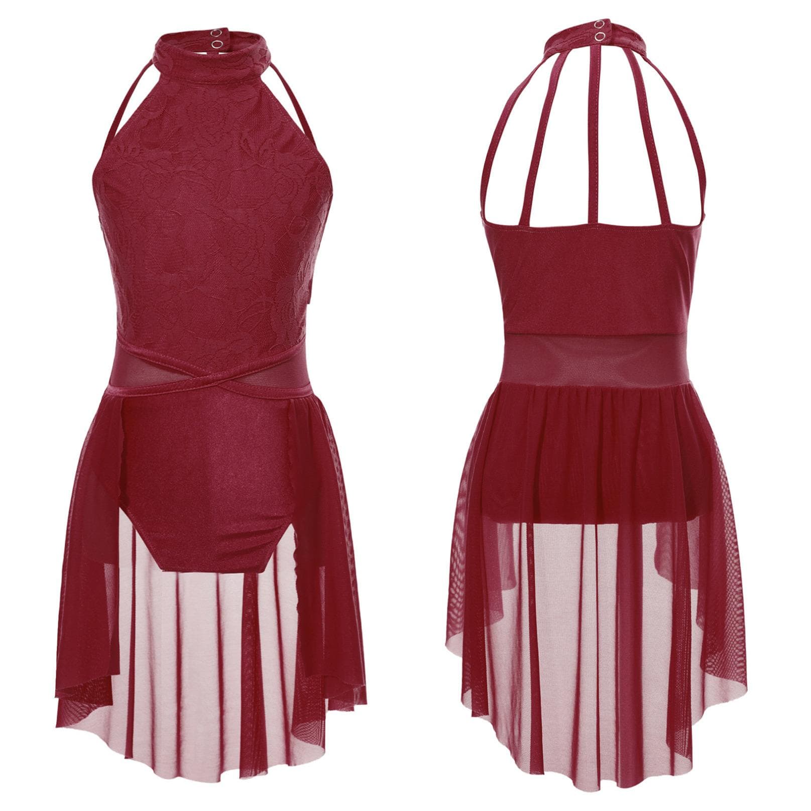 Kids Girls Lyrical Ballet Dance Dress Sleeveless Lace Floral Leotard Dress Contemporary Modern Dancing Costume 15-16 Years burgundy