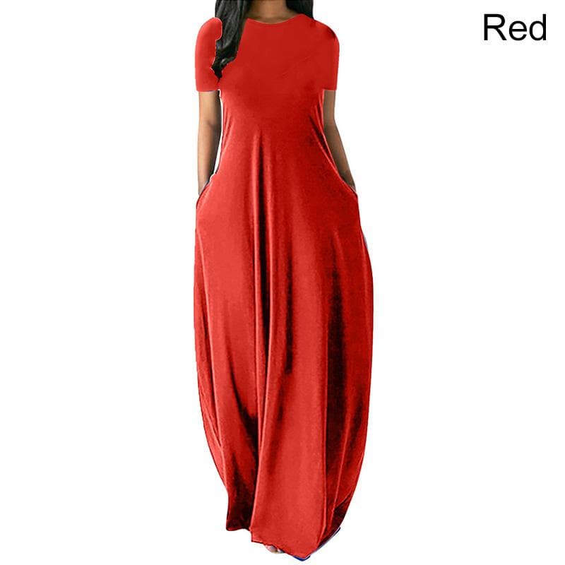 Women Casual Loose O-Neck Long Dresses Short Sleeve Summer Beach Dress Elegant Evening Party Dress 2XL red