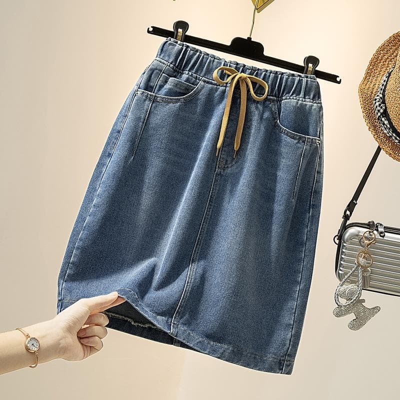 Summer Plus Size Elastic High Waist Denim Skirts Womens Solid Mini Skirt Plus Size A-Line Office Lady Woman Clothes M blue