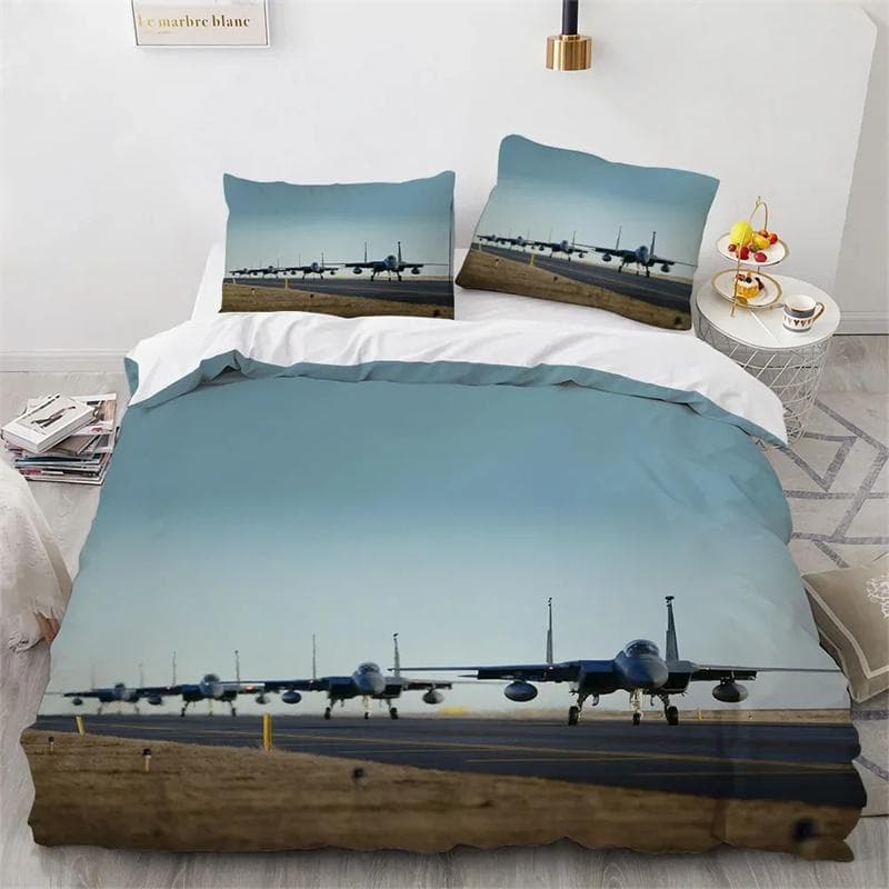 Fighter Plane King Queen Duvet Cover Military Aircraft Theme Bedding Set Kids Boys Men Sunset Airplane Polyester Comforter Cover 135X200cm-2pcs