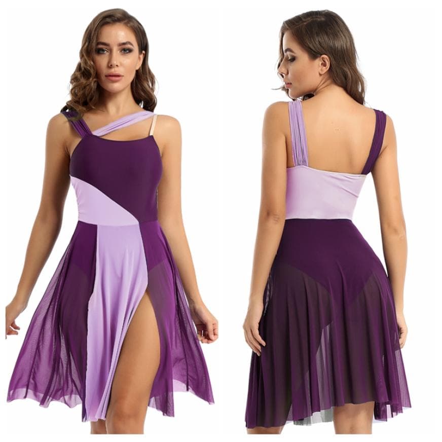 Sleeveless Color Block Ballet Dance Gymnastic Bodysuit Mesh Overlay Ballet Contemporary Dance Dress Lyrical Leotard Performance Costume M Violet