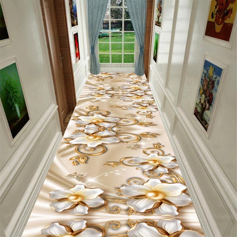 Golden Flower Pattern Lobby Long Carpet Rug For Stairway Hallway Bedroom Decor Corridor Aisle Party Wedding Anti Slip Mat 80x100cm