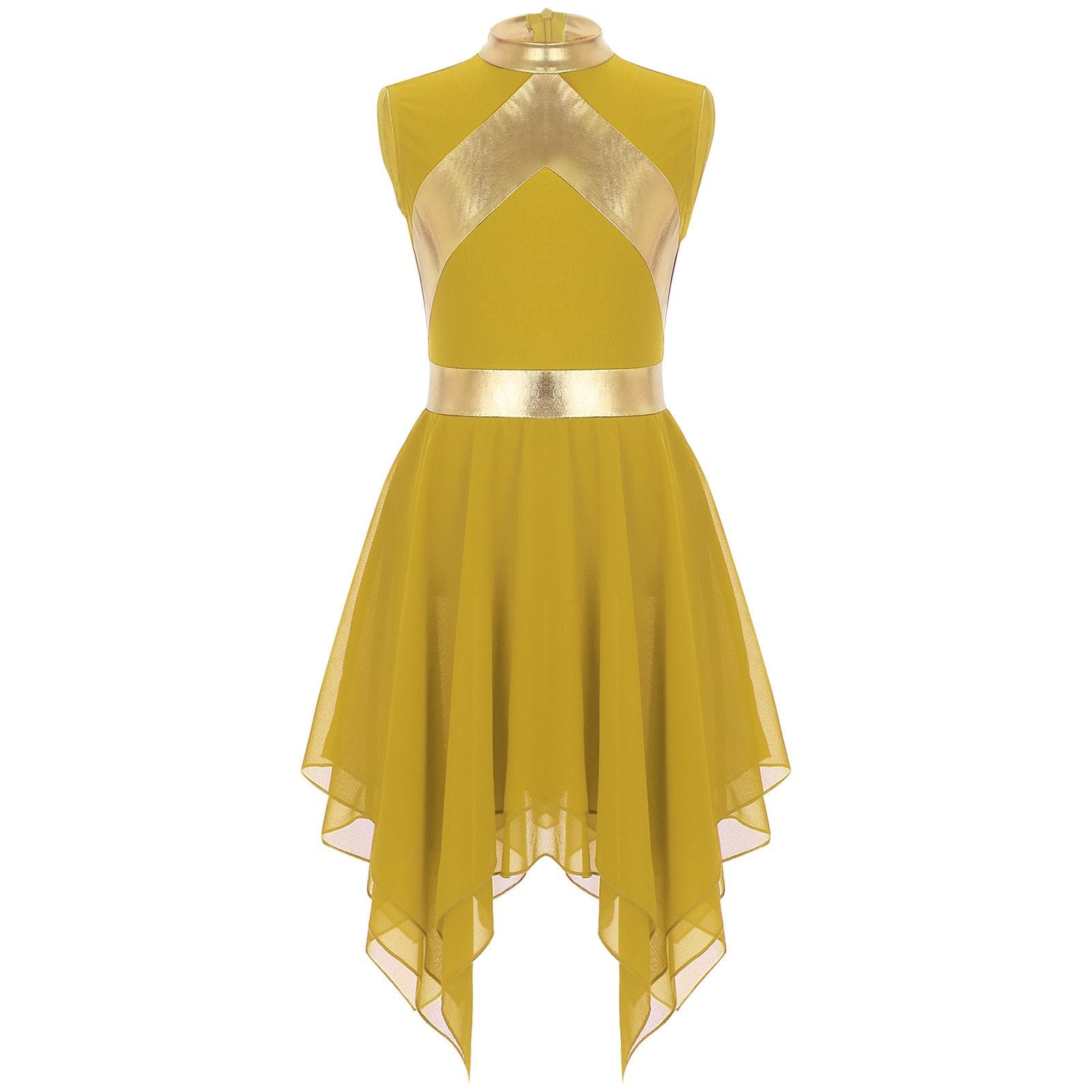 Kids Girls Modern Liturgical Dress Metallic Fabric Sleeveless Asymmetrical Dance Gown 13-14 Years yellow