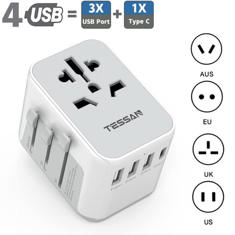 TESSAN Universal Travel Plug Adapter, International Plug Adapter with 4 USB, Universal Charger for EU, UK, American, Canada and Other countries 3 USB-A & 1 USB-C gray