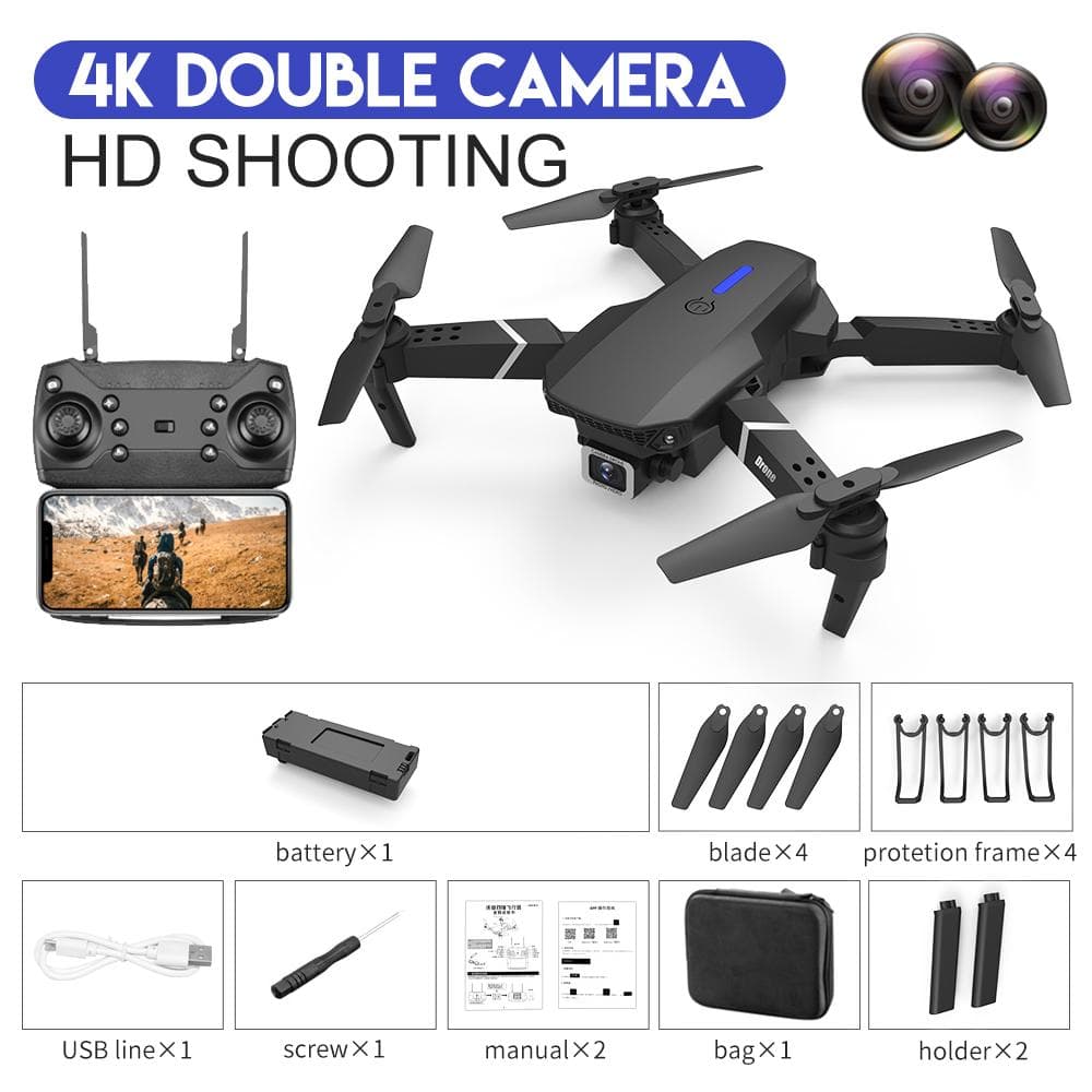 2023 New E88 RC Mini Drone 4K Wide Angle Single/Dual Camera Optical Flow Positioning WiFi FPV Helicopter Foldable Selfie Quadcopter Toy Gift dual camera 1 battery black