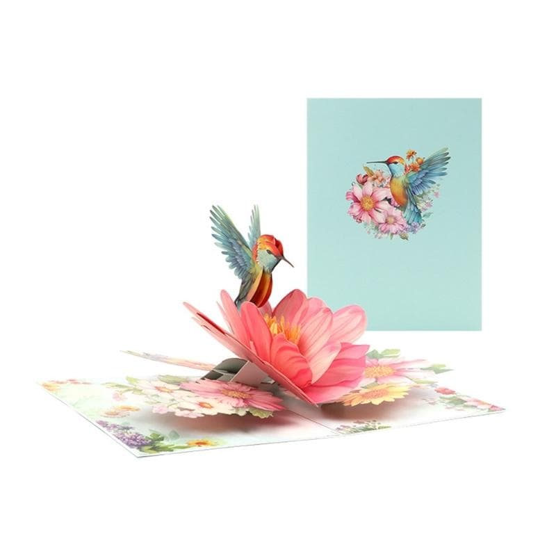 Unique 3D Popup Present Card with Hummingbird and Flowers Handmade Greeting Card pink