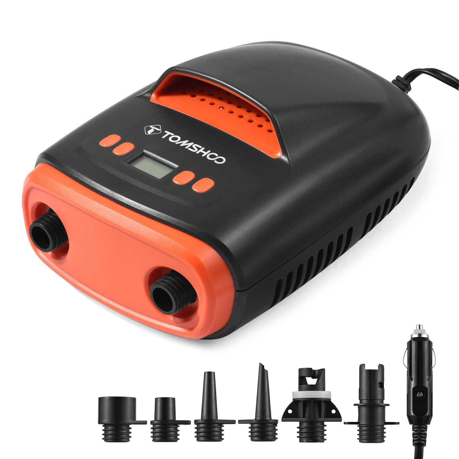 TOMSHOO Digital Electric SUP Air Pump 110W 12 Volt 22PSI High Pressure Quick Air Inflator with LCD orange