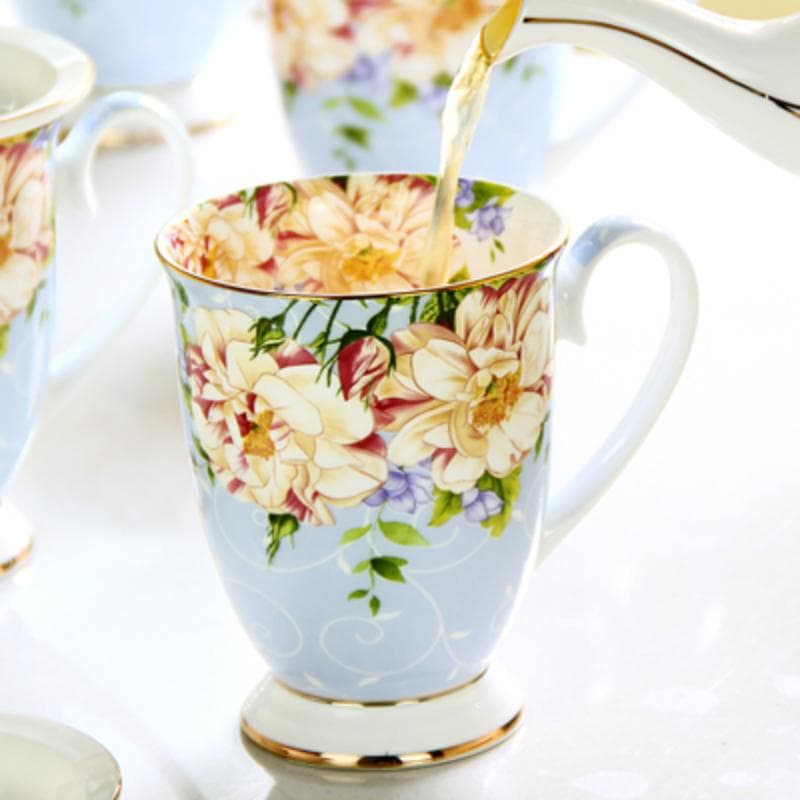 300ml Bone China Coffee Mugs- Blue Pink Elegant Floral Tea Mug with Gold Trim, Large Capacity Ceramic Cup for Coffee Tea and Milk for Home Office blue