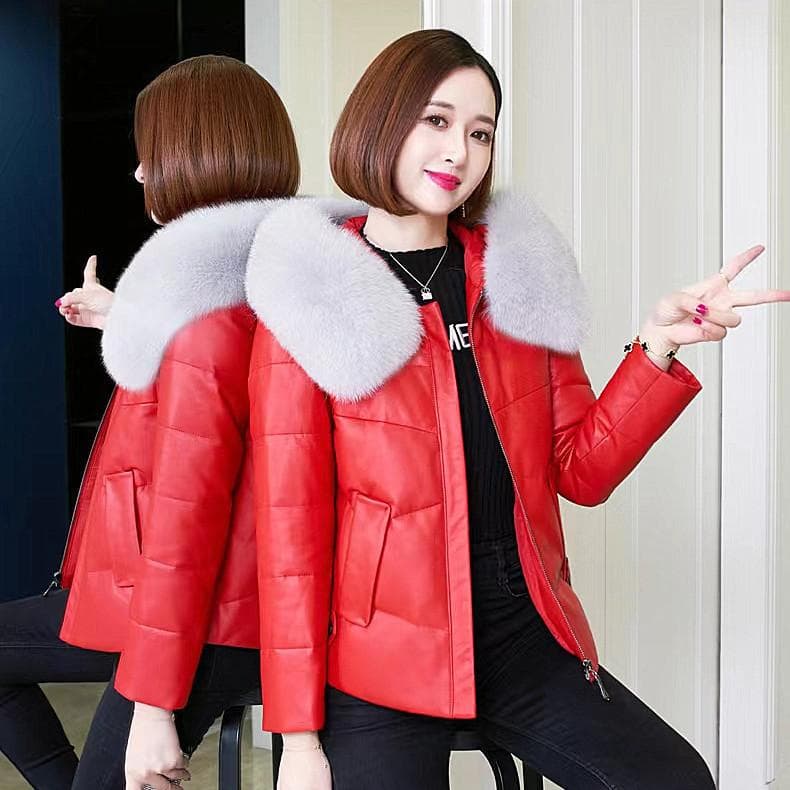 PU Leather Down Cotton Jacket Winter Coat Imitation Fur Short Style Loose High Waist 4XL red