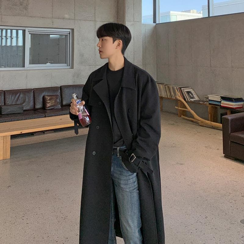 Autumn new medium and long trench coat men's Korean version trend over the knee loose handsome coat M