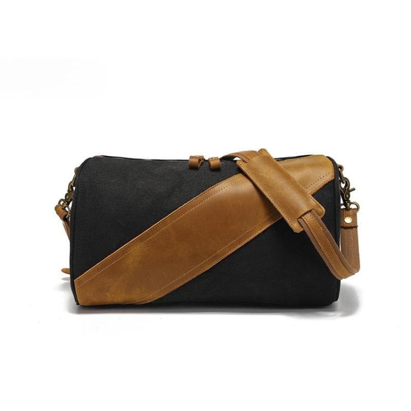 Waxed Canvas with Leather Shoulder Bag Travel Satchel Retro Postman Travel Bag Tote Bag black