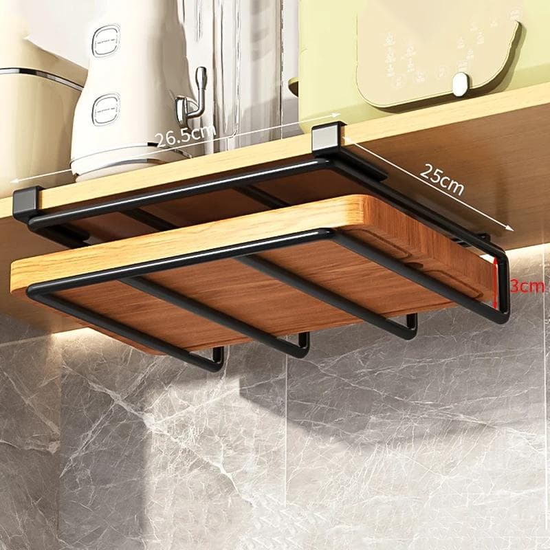 Kitchen Hanging Organizer Rack with Hooks Under Cupboard Paper Towel Rags Hanger Cutting Board Pot Cover Holder Storage Shelf single-deck