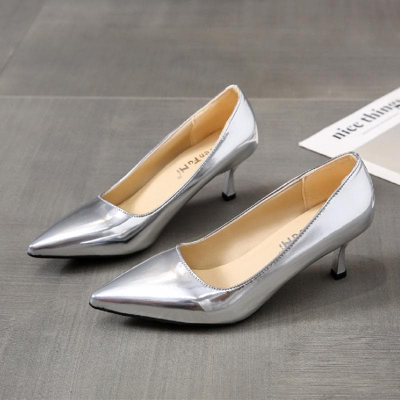 Women's Pointed Toe Stiletto Pumps High Heel Dress Shoes Shiny Patent Leather Ladies Fashion Shoes Slim Elegant Court Heels 38 silver