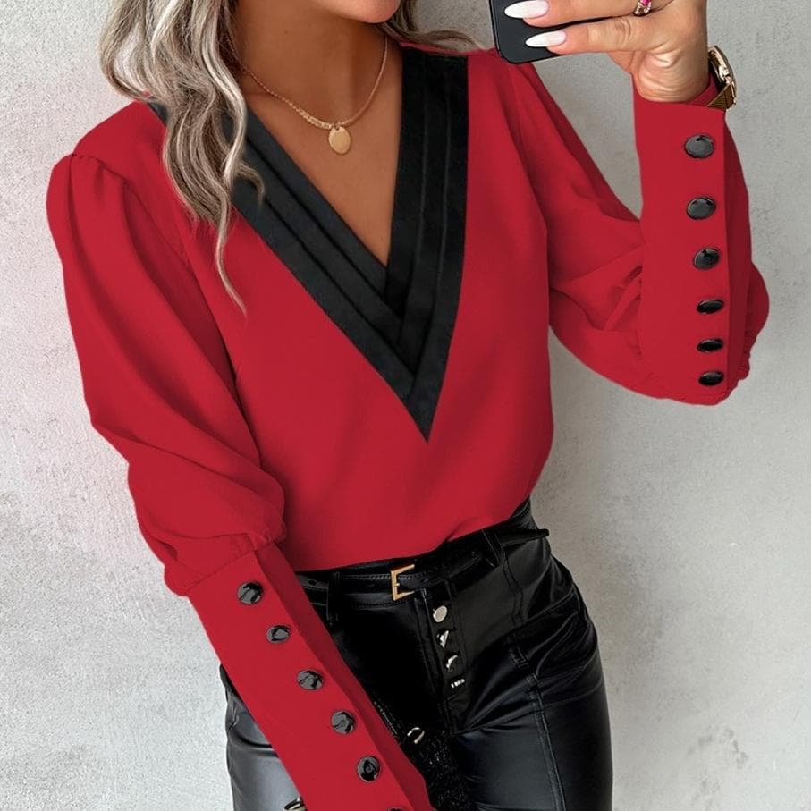 YYFS Women's Fashion Casual Spring Fall Long Sleeve V-Neck Blouses & Shirts L burgundy