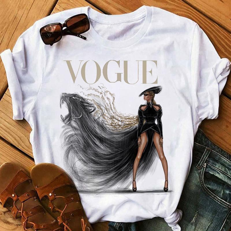 Women Summer T Shirt Vogue Print Retro Fashion Short Sleeve Tees Casual Printed Tops 6XL white