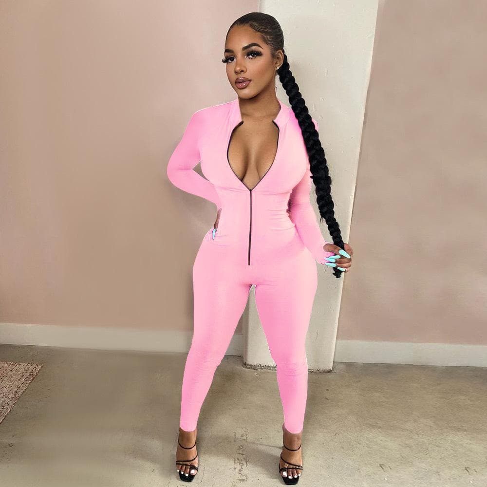 Workout Active Wear Solid Color Rompers Womens Jumpsuit Sporty Long Sleeve Fitness Clubwear Zipper Party Jumpsuits Bodycon S