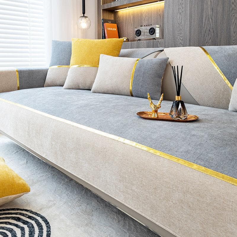 Nordic Sofa Cover Gold Edge Solid Color Patchwork Sofa Mat Thickening Chenille Sofa Cover Anti-slip Living Room Couch Cushion 70x70cm 1pcs