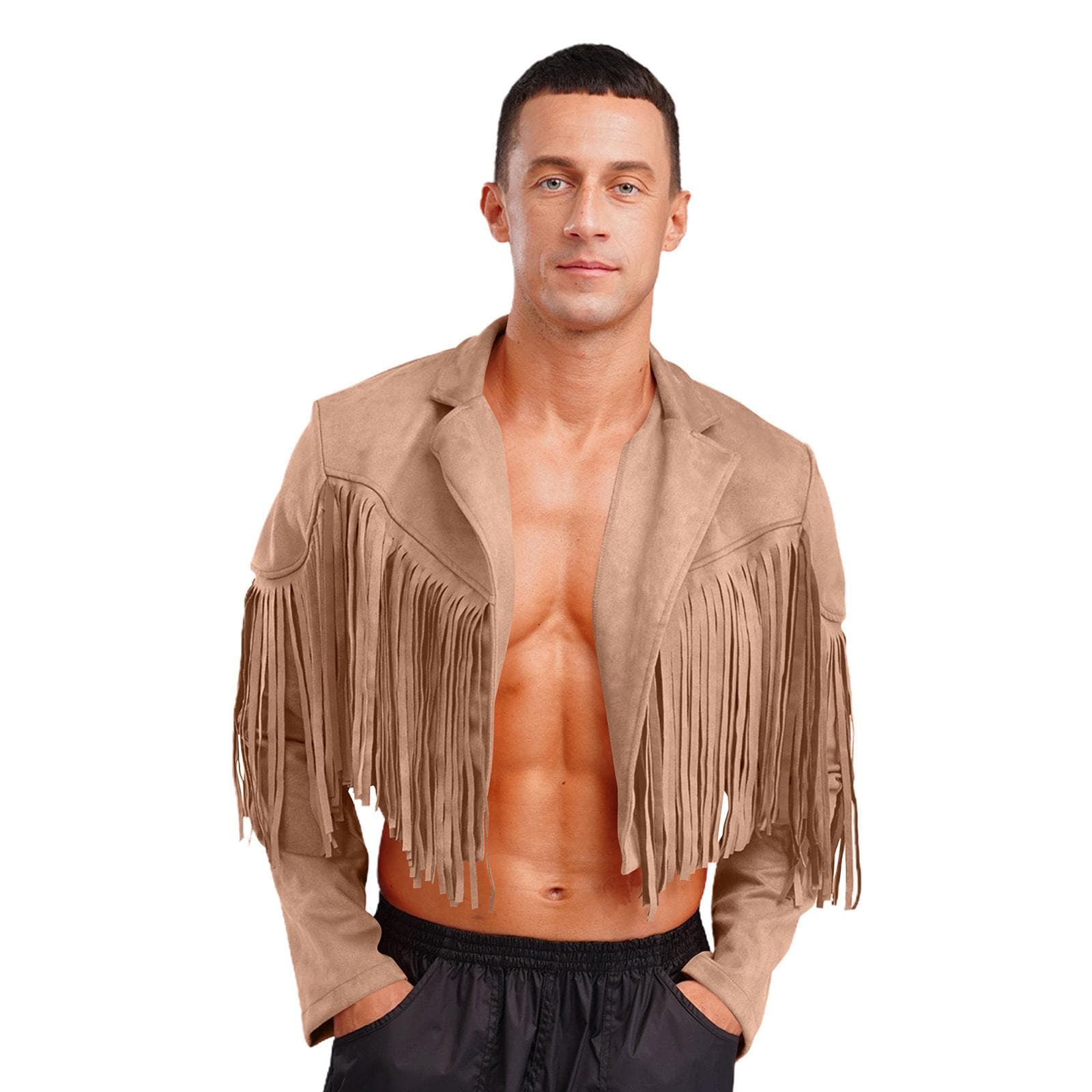 Mens Faux Suede 80s Hippie Cropped Jacket with Fringe Detailing Open Front Cardigan Cowboy Style M light brown