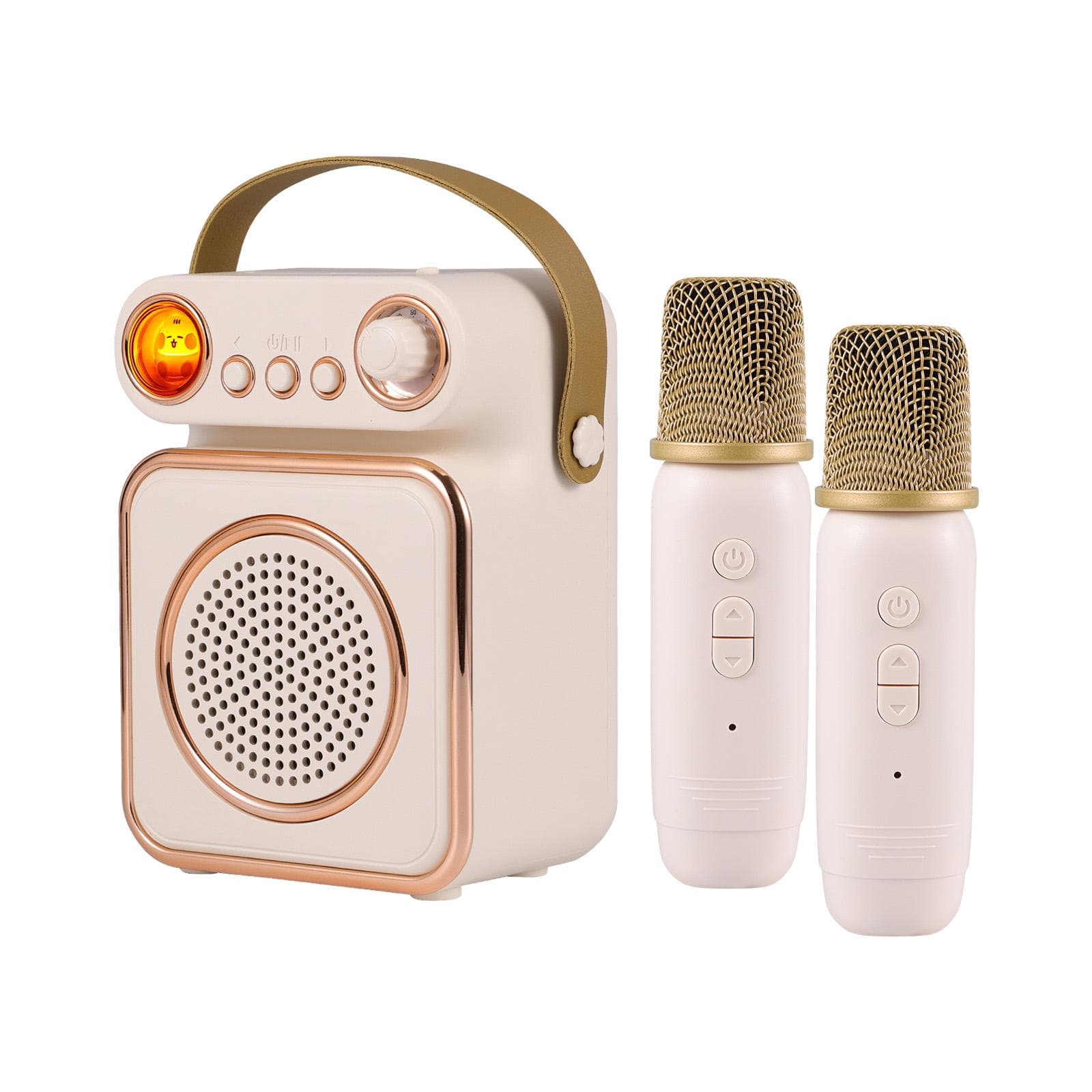 Mini Karaoke Machine Wireless Microphone and Speaker Set with 2 Microphone Rechargeable LED Color beige