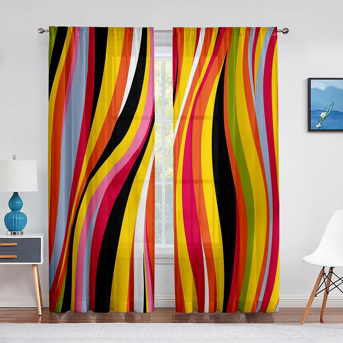 Abstract Art Colorful Waves Stripes Geometric Tulle Curtains for Living Room Bedroom Decor Sheer Voile Curtain Window Treatments 1 PCS W100XH250cm&Grommet Top
