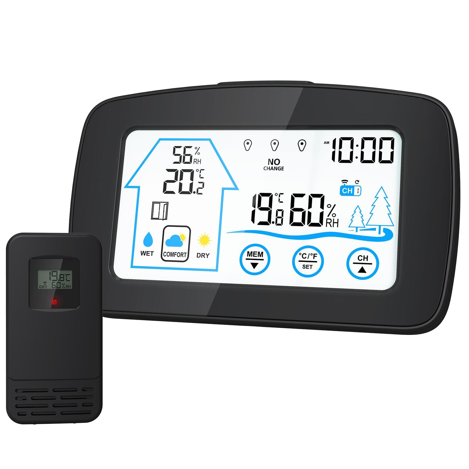 Backlight Touch Screen Digital Weather Station, Smart Temperature and Humidity Meter Weather black