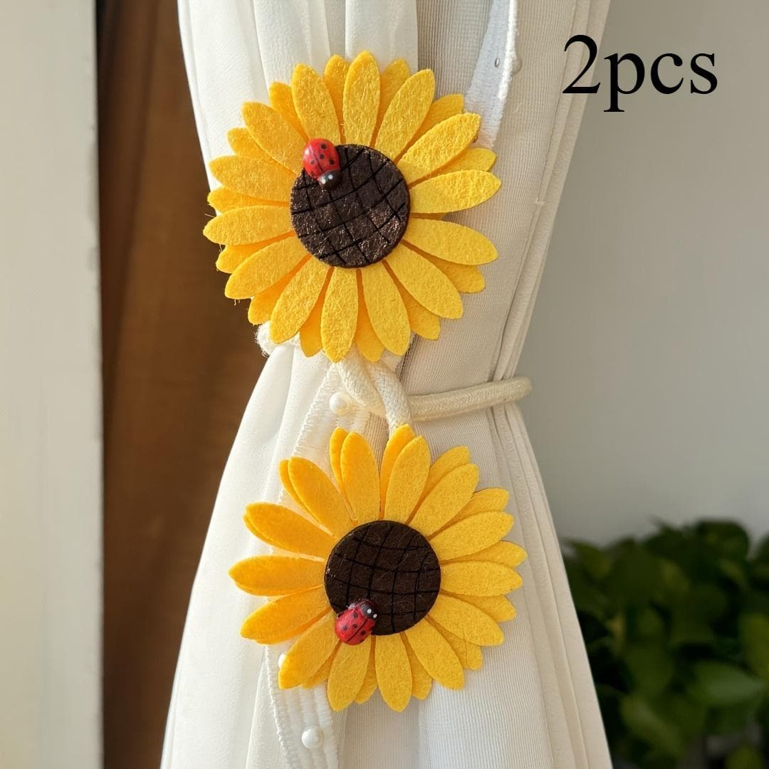 2pcs Sunflower Curtain Tiebacks with Ladybug Decor - Bohemian Style Curtain Clips, Elegant Floral Design for Living Room & Office Window Curtains 2pcs