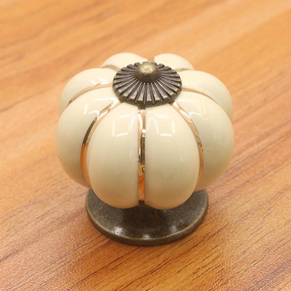 Ceramic Pumpkin Door Knob Drawer Cupboard Wardrobe Furniture Pull Handle (Ivory White)