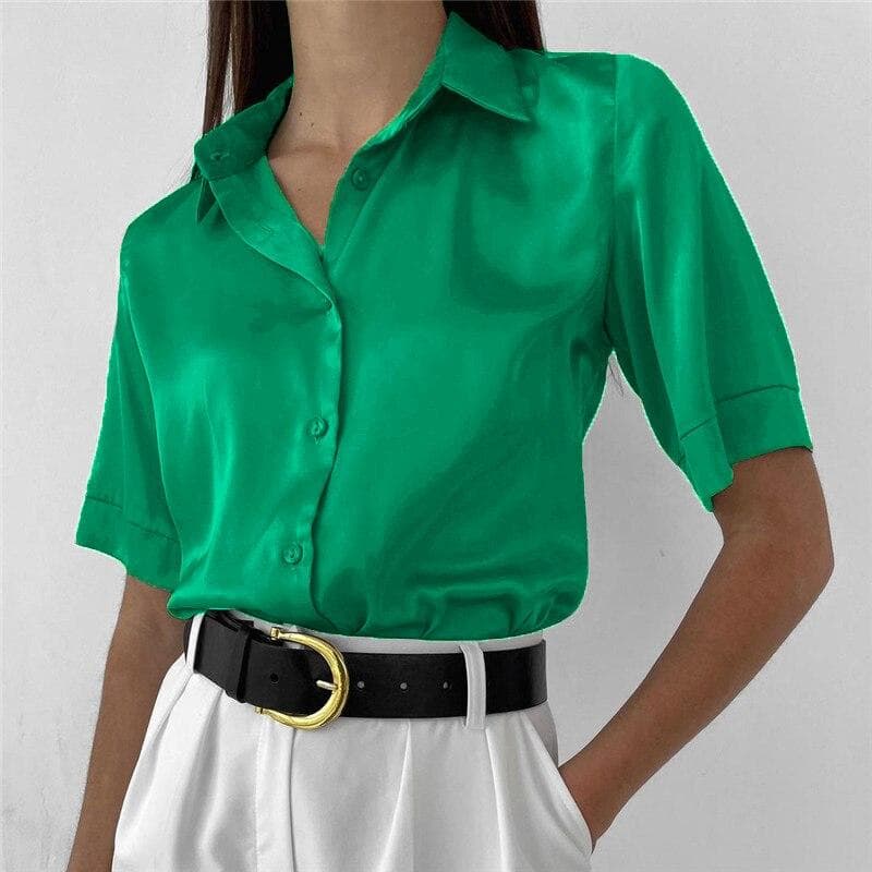 Summer Satin Blouse Women Casual Loose Short Sleeve Silk Shirt Women Casual Elegant Office Button Shirts Tops Female18917 L green