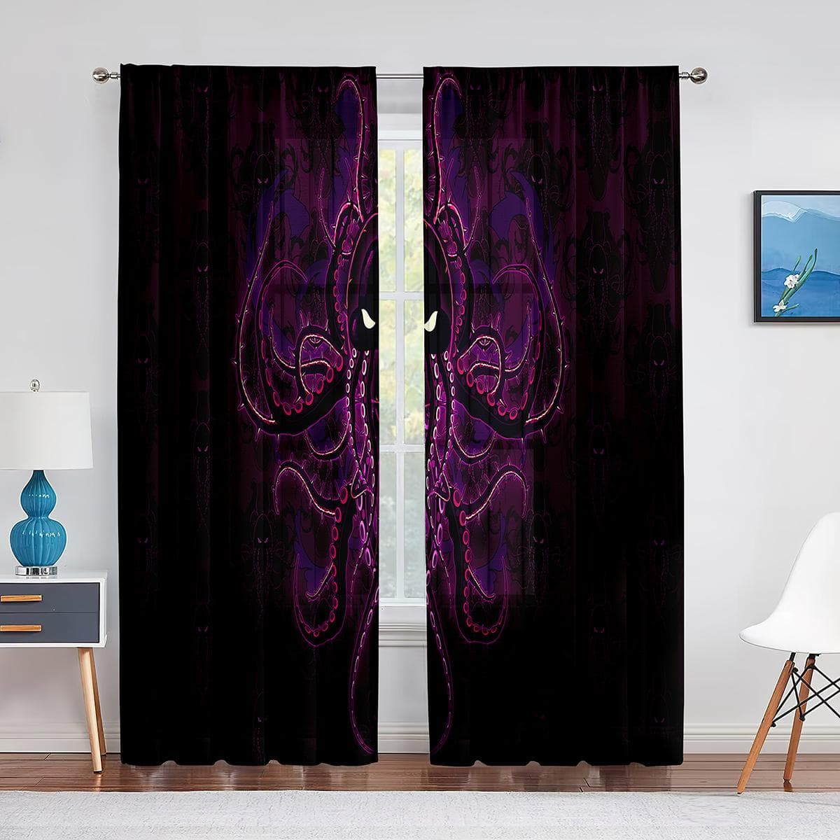 Ocean Kraken Blue Octopus Tentacles Marine Life Tulle Curtains for Living Room Bedroom Sheer Voile Window Curtains Party Drapes 1 PCS W200XH250cm&Rod Pocket