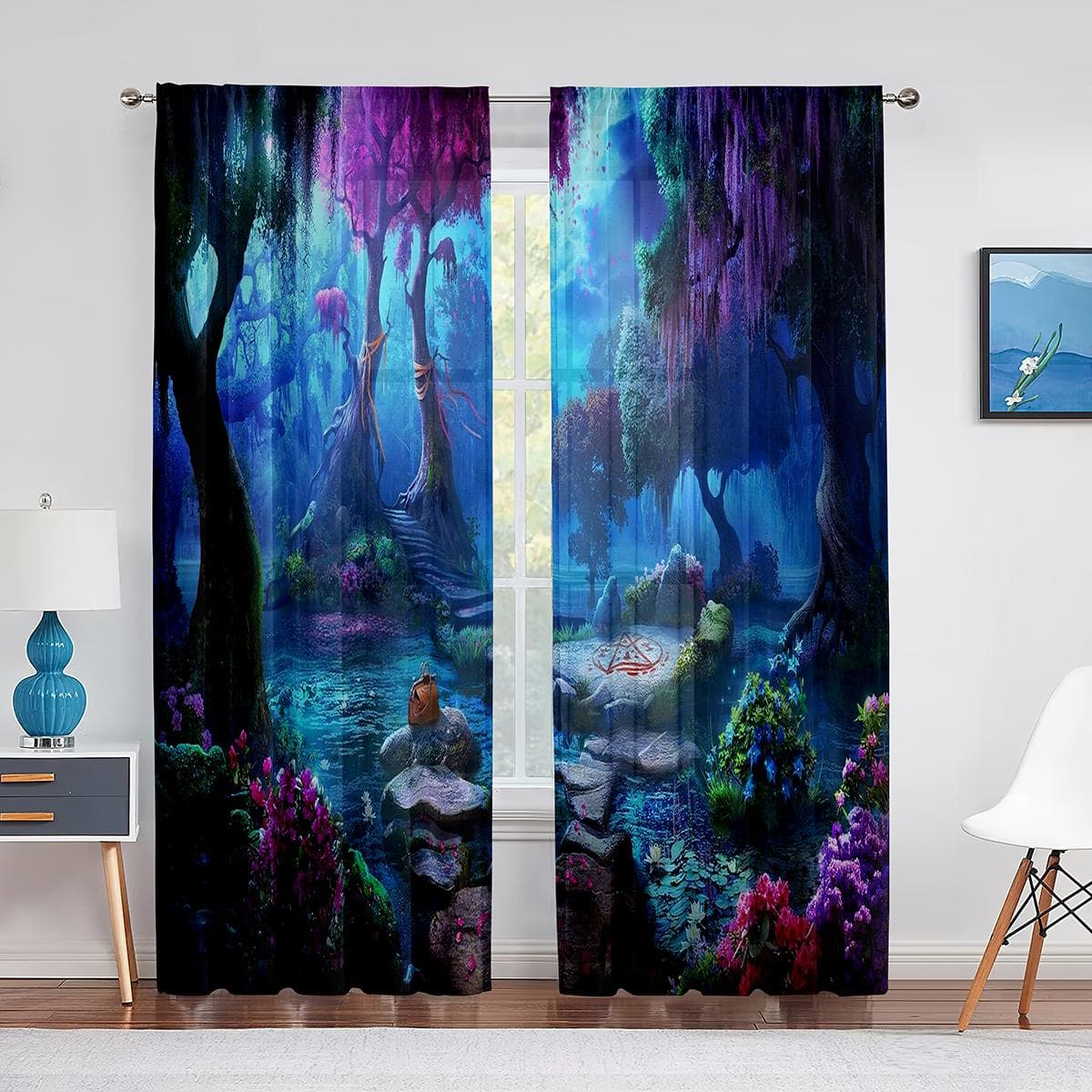 Forest Fairy Tales Lanterns and Fantasy Large Tree Tulle Curtains for Living Room Bedroom Decoration Chiffon Sheer Voile Curtain 1 PCS W100XH250cm&Rod Pocket