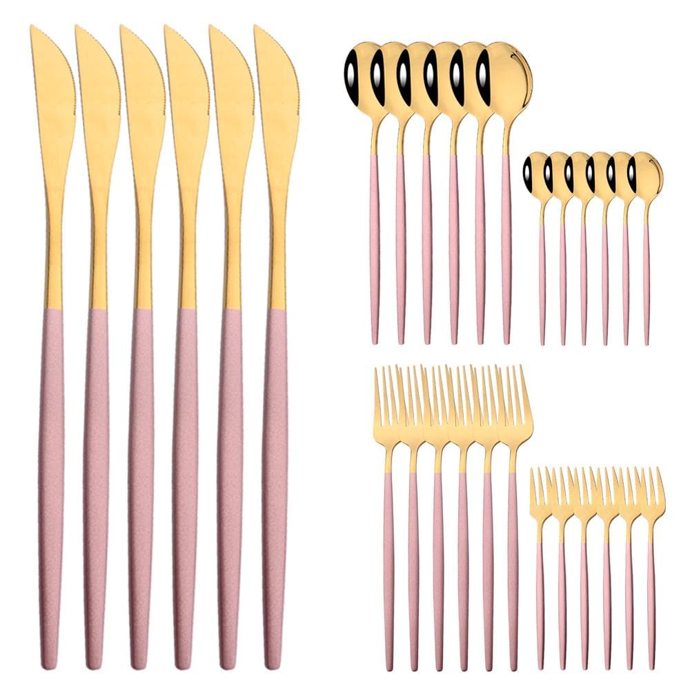 30Pcs Black Gold Cutlery Set Knife Cake Fork Spoon Dinnerware Set Flatware Stainless Steel Silverware Party Kitchen Tableware pink/gold
