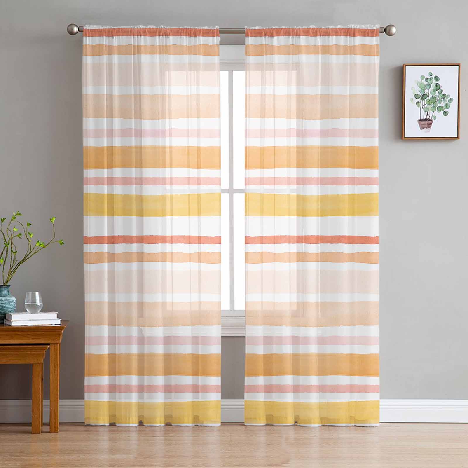 Watercolor Orange Stripes Tulle Window Curtains for Bedroom Luxury Home Decor Drapes in Living Room Chiffon Panels 135W x 114H(cm)