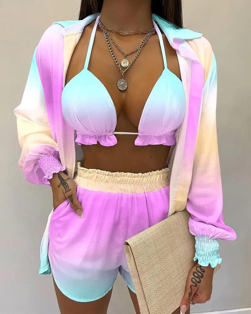 2025 Sexy Swimsuit Summer Fashion Solid Color Printing 3 Piece Suit Women L