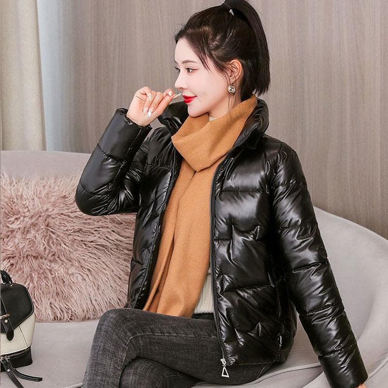 Winter Cotton Padded Jacket for Women Bright Face Wash Free Short Stand Collar Coat for Women Thickened Down Cotton Padded Jacket for Women 2XL black