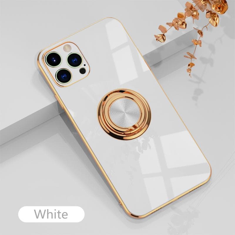 Luxury Plating Metal Ring Holder Stand Case For IPhone 16 15 14 Plus 13 12 11 Pro Max XR X XS 7 8 SE Soft Silicone Back Cover For iPhone 13 Pro white