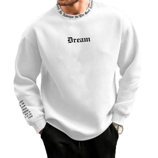Men Fall Winter Sweatshirt Round Neck Long Sleeve Letter Print Long Sleeve Thick Loose Soft Warm Mid Length Men Casual Top L white
