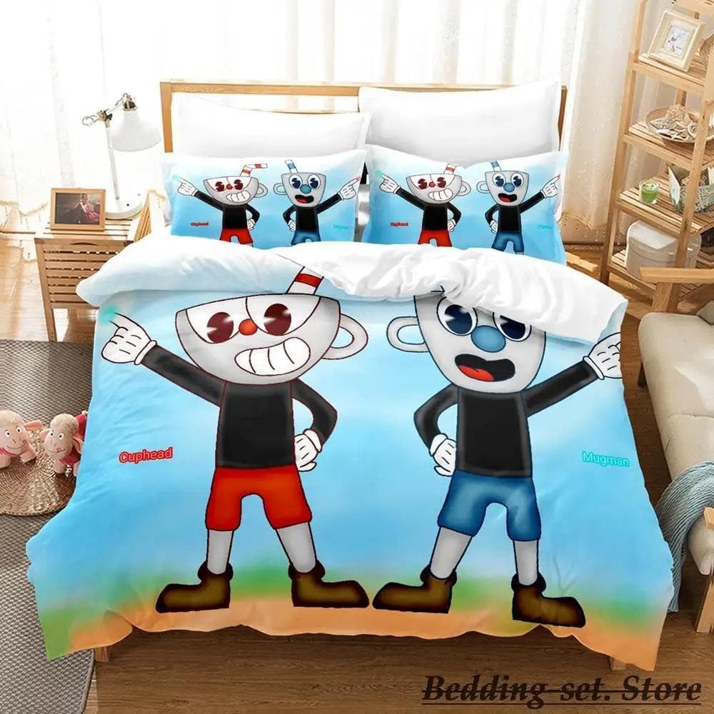 Game Cuphead Mugman Bedding Set Cartoon Anime three-piece set Adult Kid Bedroom Duvetcover Sets 3D Kawaii cama de casal AU Single 140x210cm