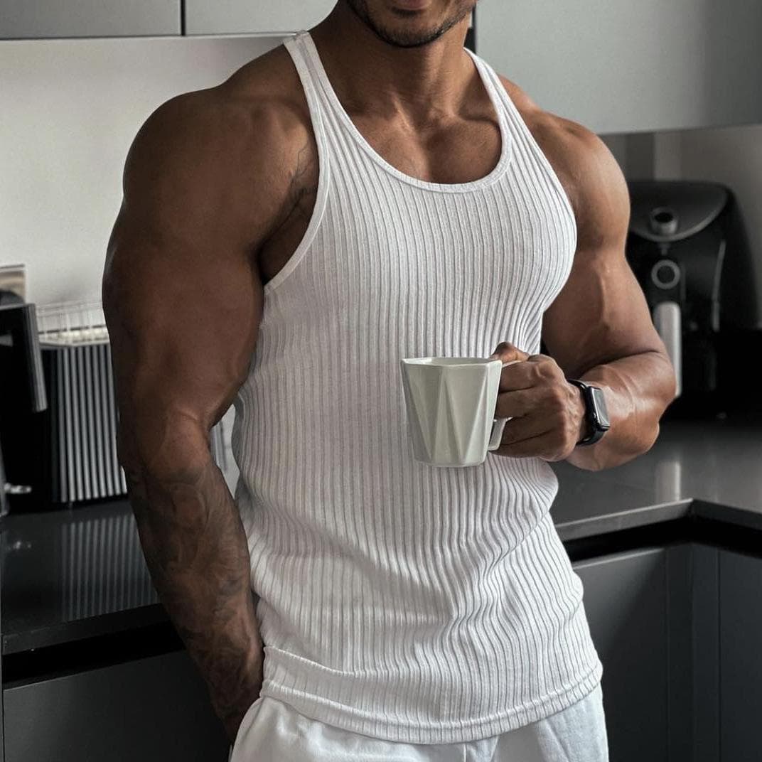 Rib Knitted Man Vests Summer Casual O-Neck Sleeveless Slim Stretch Sporty Tank Tops XL white