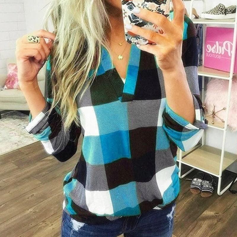 New Women's Plaid V-Neck Long-Sleeve Shirt for Spring/Autumn