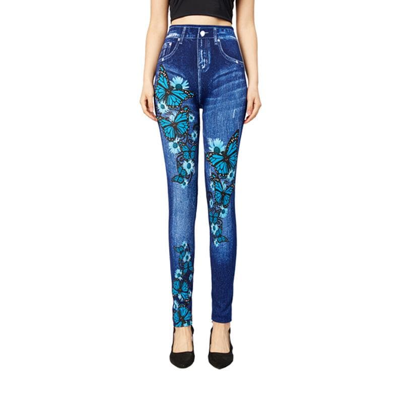 Women Leggings Imitation Cropped Trousers Mock Pocket Pants Slim Jeggings Denim Skinny M blue