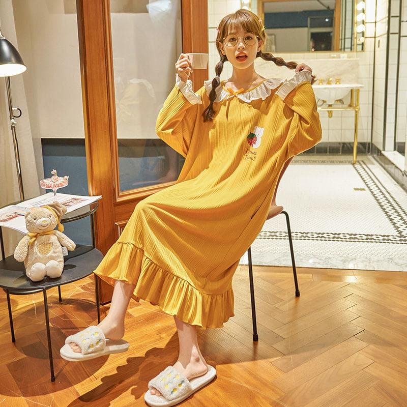 Pajama Dress Women's New Spring and Autumn Princess Style Pure Cotton Long-sleeved Pajama Dress Pajamas Home Wear 3XL