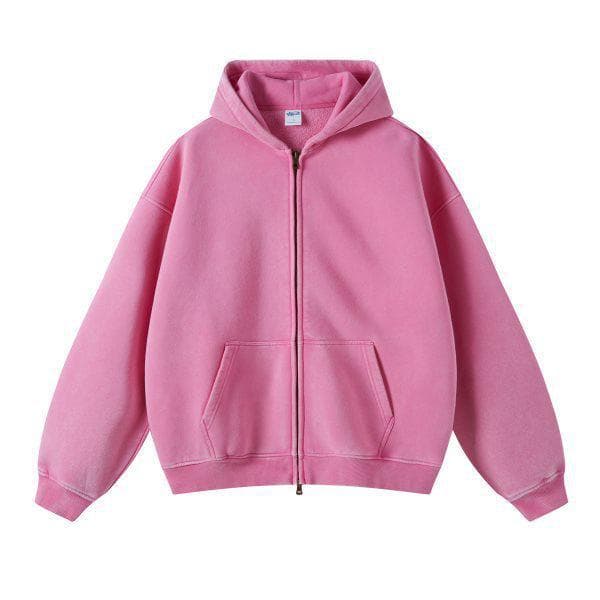 Retro Batik Washed Oversized Hoodie with Zipper L pink