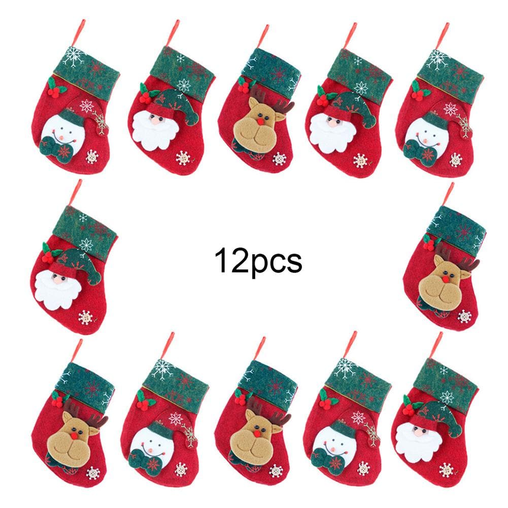12PCS Christmas Stockings Hanging Socks Deer Santa Snowmen Cute Amll Nonwoven Fabric Decoration
