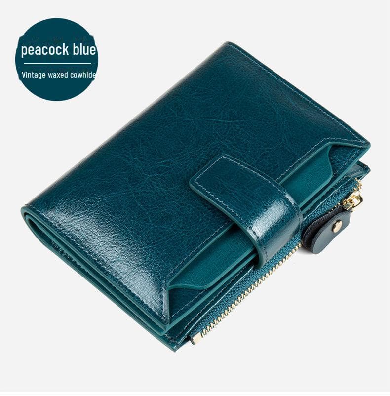 Retro Genuine Leather Women's RFID Anti-Theft Wallet with Large Capacity and Coin Zipper peacock blue