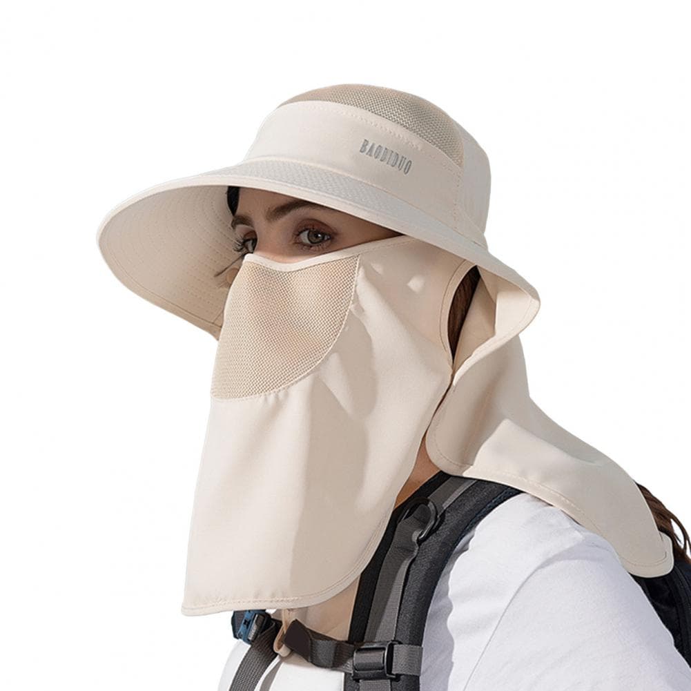 Women Fisherman Hat with Face And Neck Cover Large Brim Hollow Mesh Anti-UV Sunscreen Full Cover Waterproof Outdoor Camping Trav beige