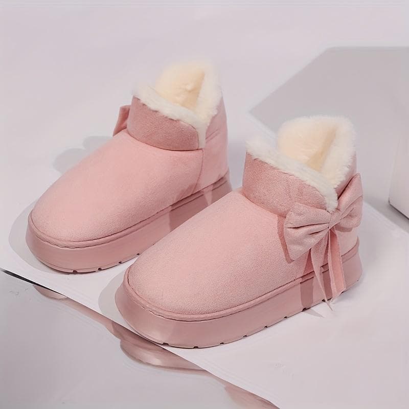 Cozy Plush-Lined Winter Snow Boots for Men and Women - Elegant Bow Detail, Soft Sole, Indoor/Outdoor Fashion Slippers in Gray, Pink, Black, Beige 40-41
