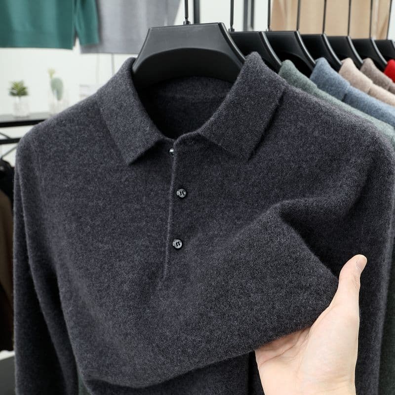 Smart Casual Autumn Winter Sweater Men Solid Lapel Button Simplicity Fashion Luxury Long Sleeve Pullovers Knitted Tops L dark gray