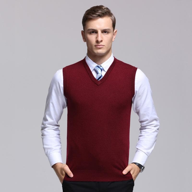 Spring Men's Cashmere Vest V-neck Business Fashion Comfortable Plus Size Sweater L wine red