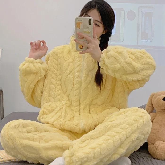 Casual Warm Coral Fleece Pajamas Thick Jacquard Flannel Women Winter Turtleneck Sleepwear Trouser Suits Homewear Loungewear XL